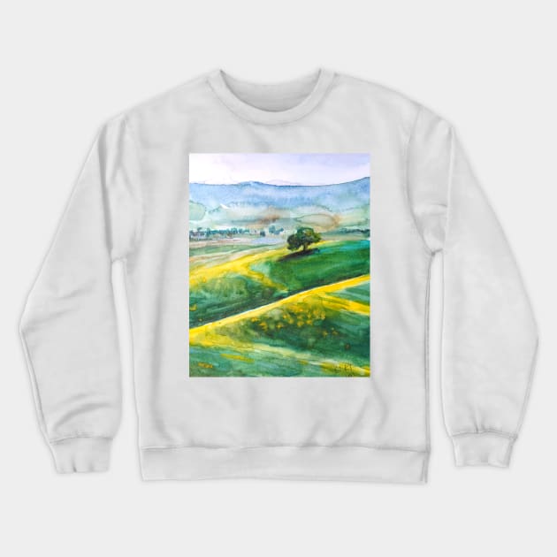 green and yellow landscape watercolor painting Crewneck Sweatshirt by colorandcolor